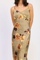 Close-up of AVAH floral olive maxi slip dress with lace trim neckline and bust detail.