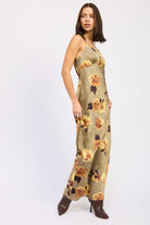 AVAH olive floral maxi dress styled with pointed brown boots