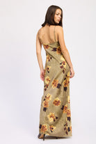 Back view of AVAH olive floral maxi dress with straight hemline and adjustable straps.