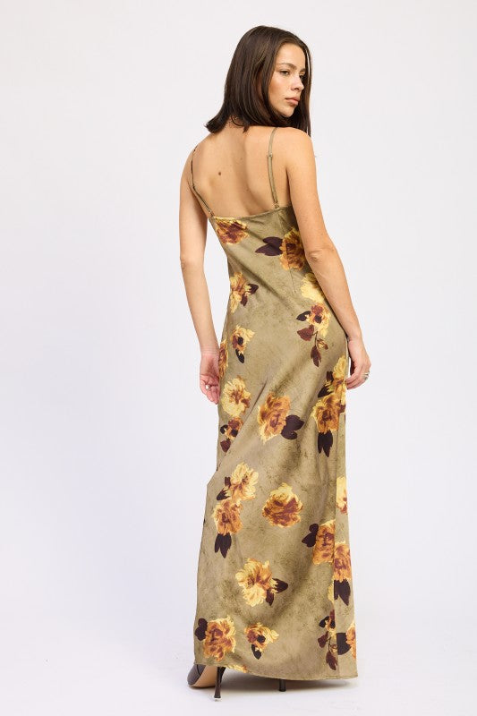 Back view of AVAH olive floral maxi dress with straight hemline and adjustable straps.