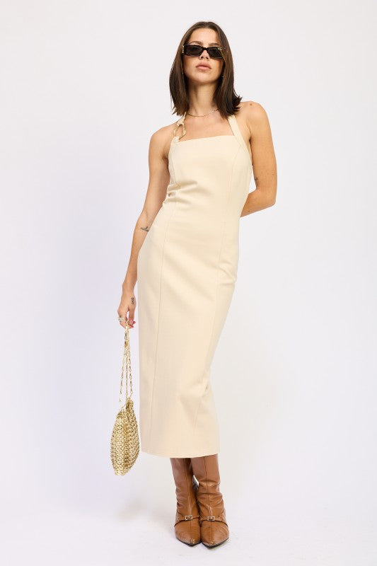 AVAH taupe midi dress with a  halter neckline and square front view
