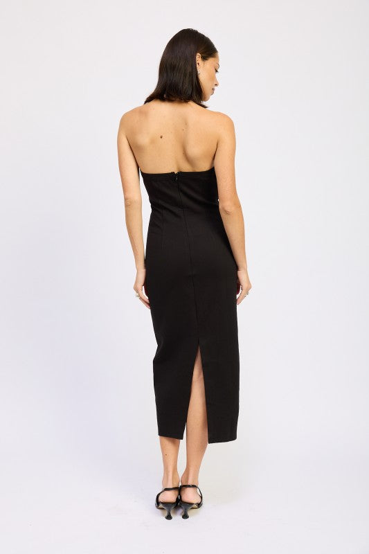 Black strapless back view midi dress with slit