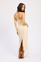 Taupe midi dress back view with strapless fit and slit