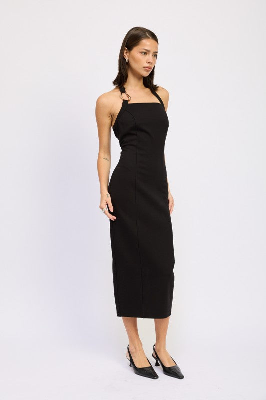 Black midi dress side angle with sleek silhouette