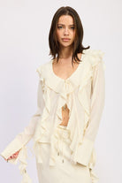 Front view of cream ruffle blouse with tie-front detail-AVAH