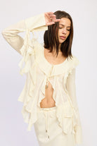 Chic cream ruffle blouse with flowing sleeves and tie cuffs-AVAH