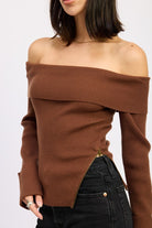Ribbed off the shoulder brown sweater with foldover neckline and side zipper accents, close detail