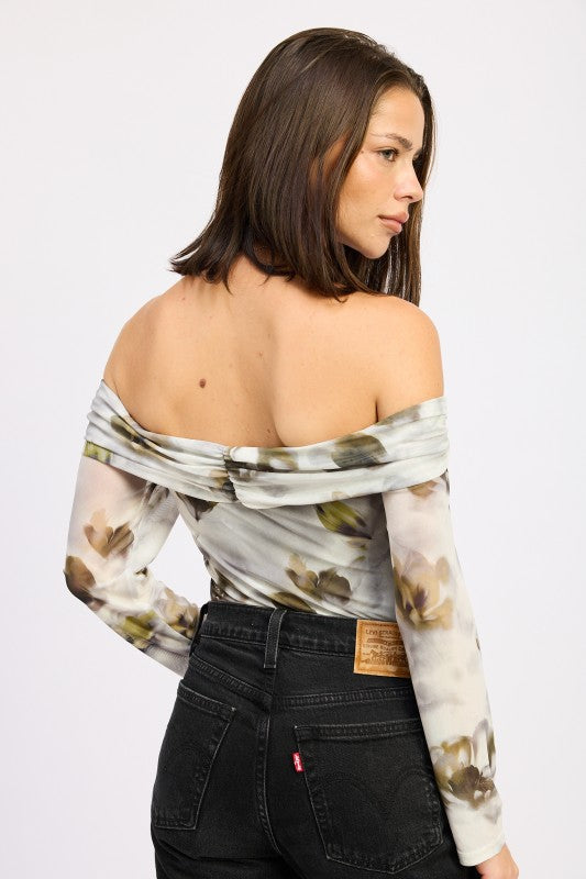 Back view of AVAH olive floral off-the-shoulder ruched bodysuit showing neckline and fitted silhouette.