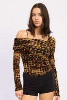 Leopard off-shoulder long sleeve bodysuit front view