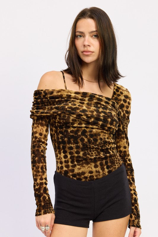 Leopard off-shoulder long sleeve bodysuit front view