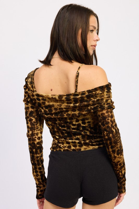 Leopard print off-shoulder bodysuit back view
