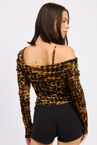 Leopard print off-shoulder bodysuit back view
