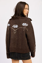 Back view of chocolate brown cardigan with floral intarsia knit pattern across shoulders and sleeves-AVAH