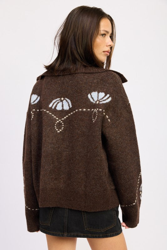 Back view of chocolate brown cardigan with floral intarsia knit pattern across shoulders and sleeves-AVAH