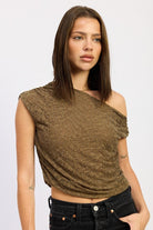 Olive ruched asymmetrical lace top front view

