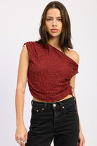 Burgundy ruched asymmetrical lace top front view

