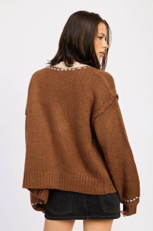 Back view of brown knit cardigan showing soft texture and dropped shoulders.