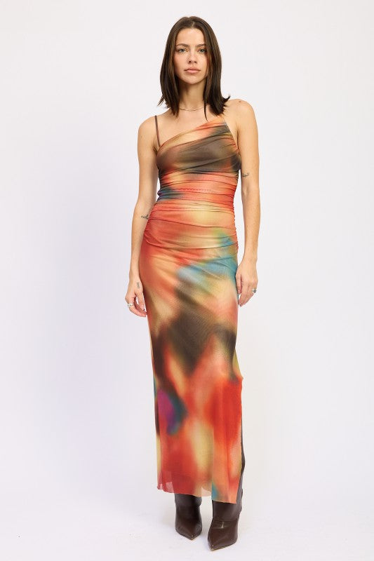 Front view of one-shoulder bodycon maxi dress in blurred orange multicolor print-AVAH