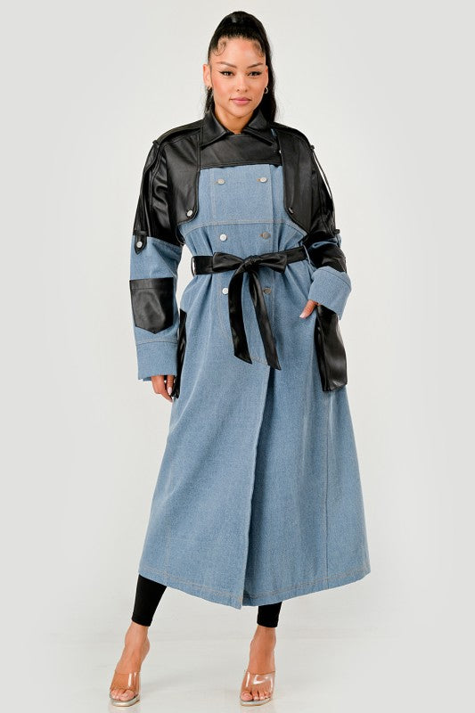 Full-length front view of belted denim trench coat with contrast faux leather detailing
