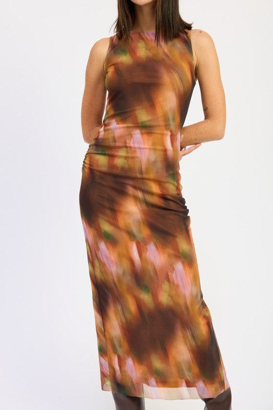 Close-up of rust mixed color abstract print maxi dress showing soft ruching and smooth sleeveless fit.
