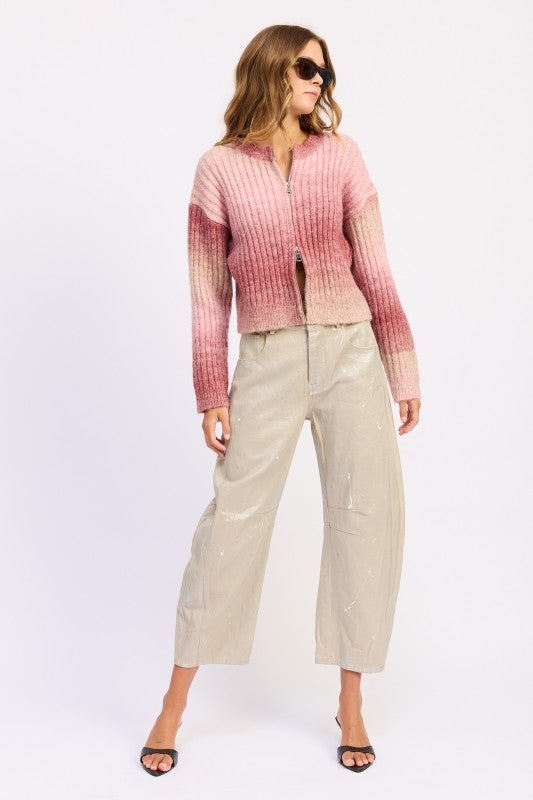Full look featuring blush gradient zip cardigan sweater with wide-leg pants.
