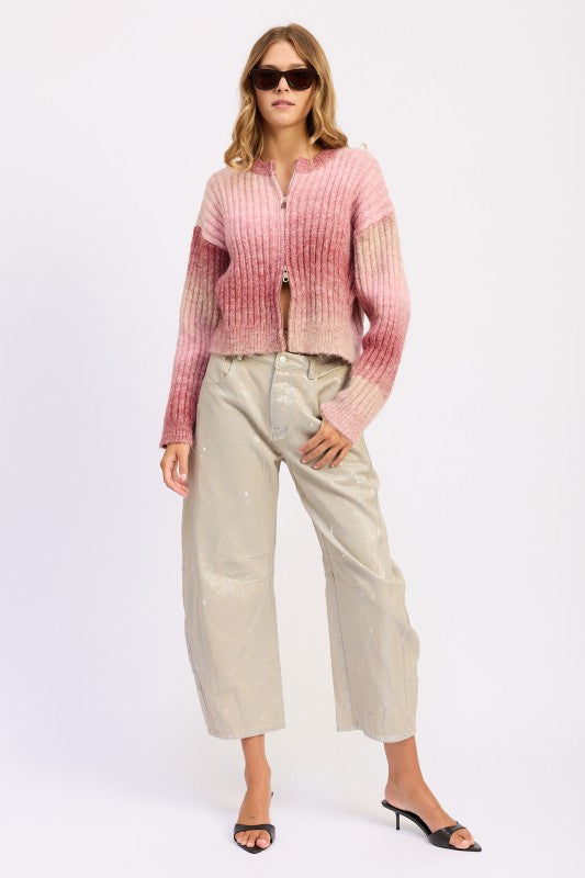 Full look featuring blush gradient zip sweater with wide-leg pants.
