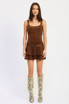 front view of belted brown mini dress
