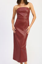 Detail of burgundy strapless midi dress showing textured finish and fitted silhouette-AVAH