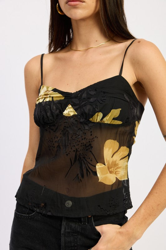 close-up view of floral mesh cami showing gold print detail
