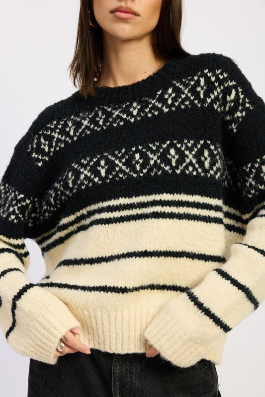 Close-up of black and cream Fair Isle sweater showing knit texture