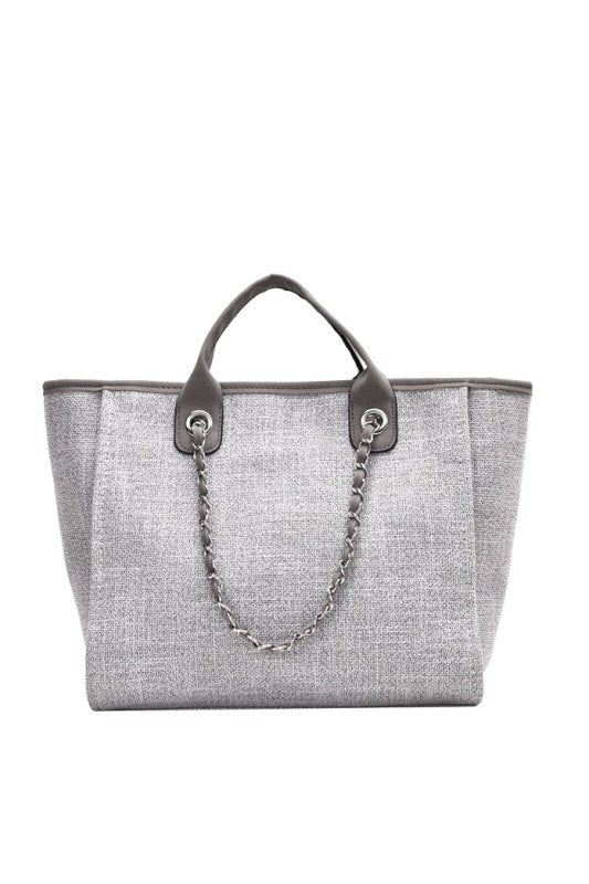Gray canvas tote bag with clean lines, chain strap, and minimalist design