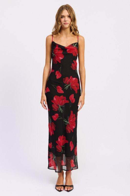 Front view of black maxi dress with bold red floral print, cowl neckline, and spaghetti straps-AVAH