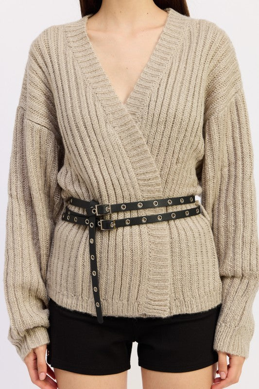 Close-up of warm grey ribbed knit wrap sweater showing belt detail and V-neckline
