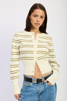 Model wearing ivory cardigan with olive stripes and front buttons – AVAH