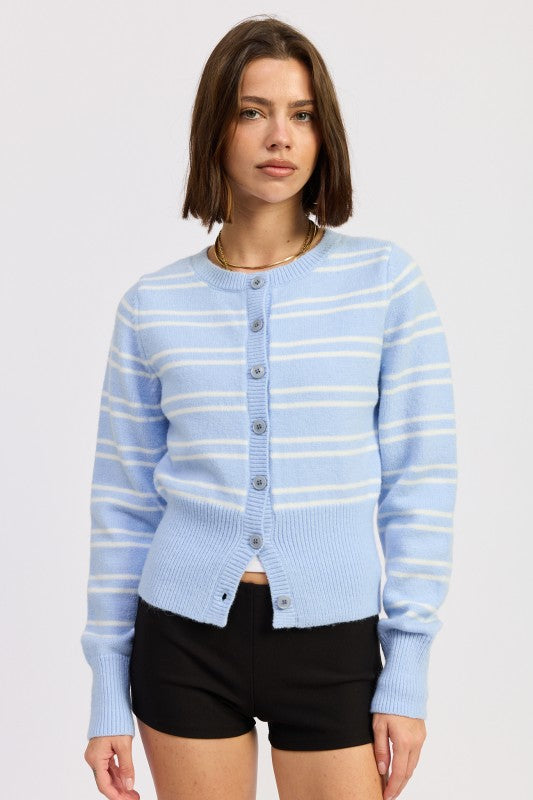Model wearing light blue and white striped cardigan buttoned at front -AVAH
