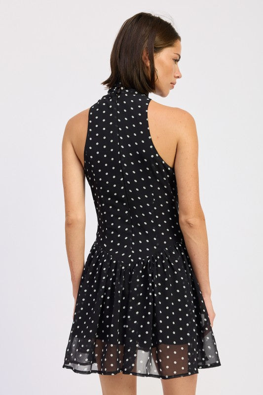 Black polka dot halter mini dress back view showing halter cut