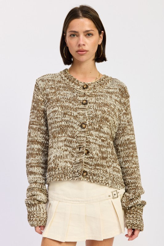 Front view of taupe brown marled button-front knit sweater styled with cream mini skirt-AVAH