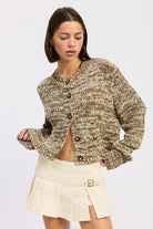 Angled front view of marled taupe button-up sweater with relaxed fit
