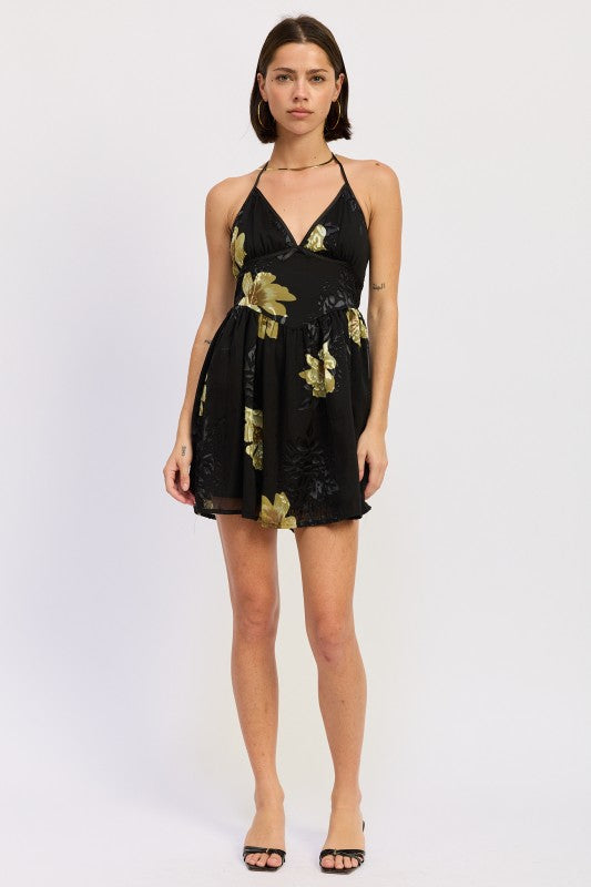Black halter mini dress with gold floral print, front full-body view-AVAH