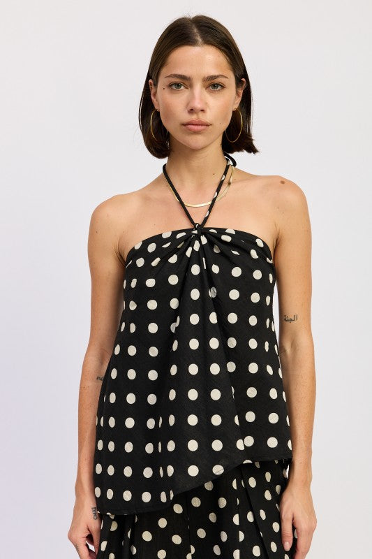 Polka dot halter top with draped front, front view
