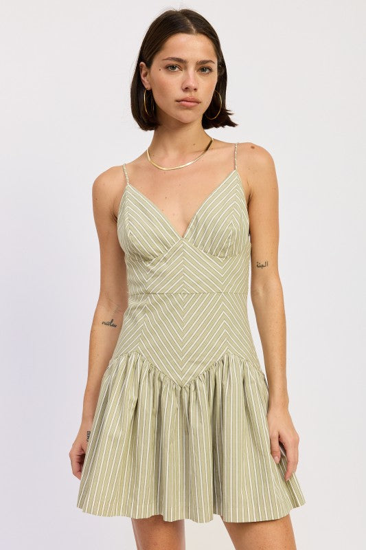 Sage stripe mini dress with structured bodice and thin straps front view