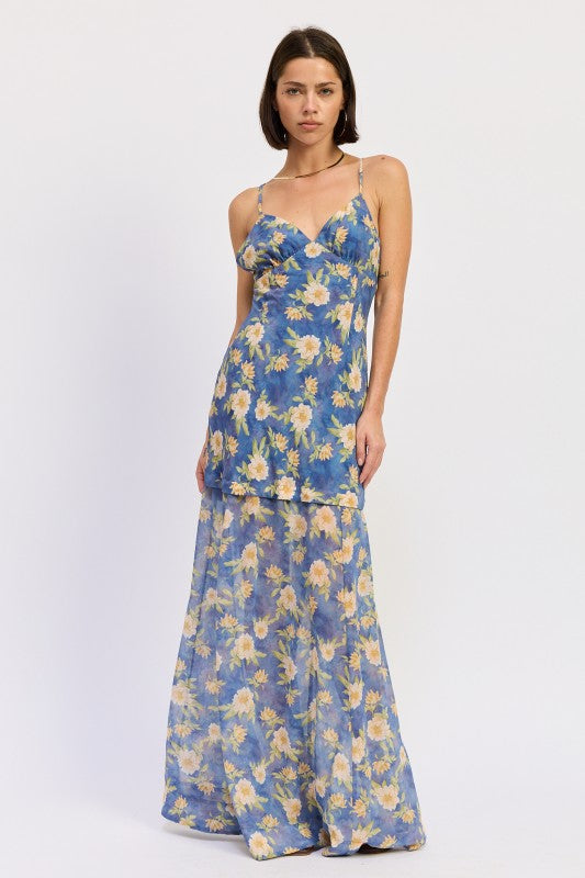 Blue floral layered maxi dress with spaghetti straps and V neckline front view