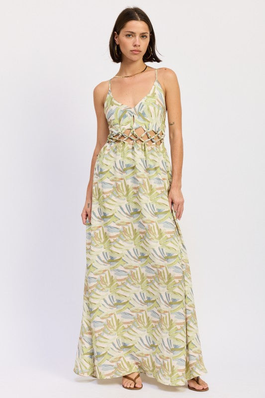 Green tropical print cutout maxi dress with V neckline and flowing skirt
