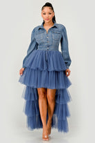 Tiered tulle high-low skirt denim dress front angle
