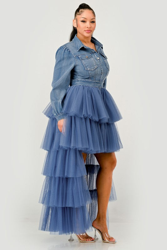 Denim and tulle high-low dress side view
