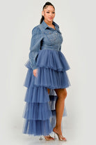 Denim and tulle high-low dress side view
