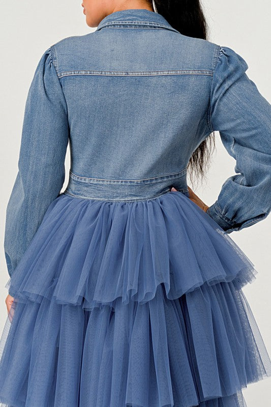 Fitted waist denim tulle dress back detail