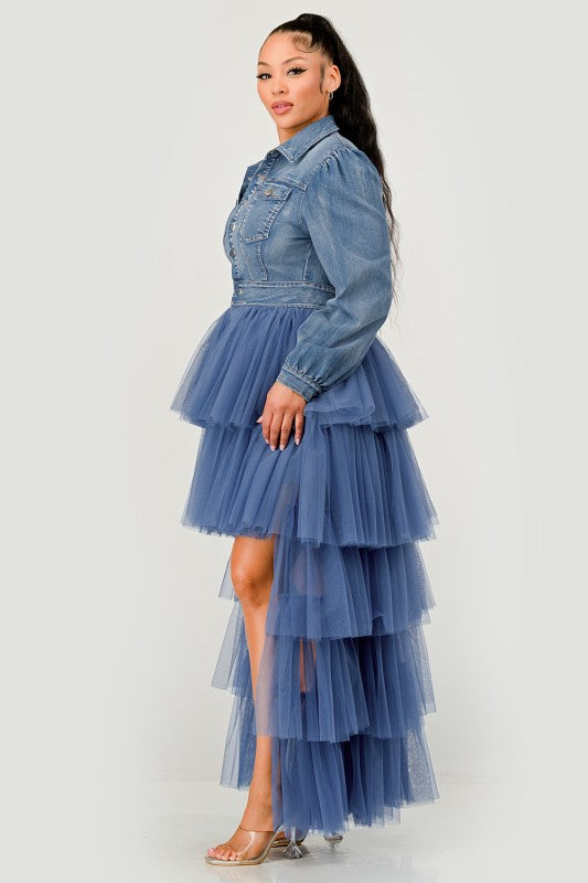 Denim and tulle high-low dress side view

