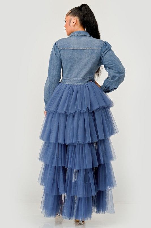 High-low tulle skirt denim dress back view
