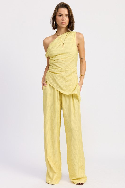 Yellow black stripe wide leg pants with elastic waistband